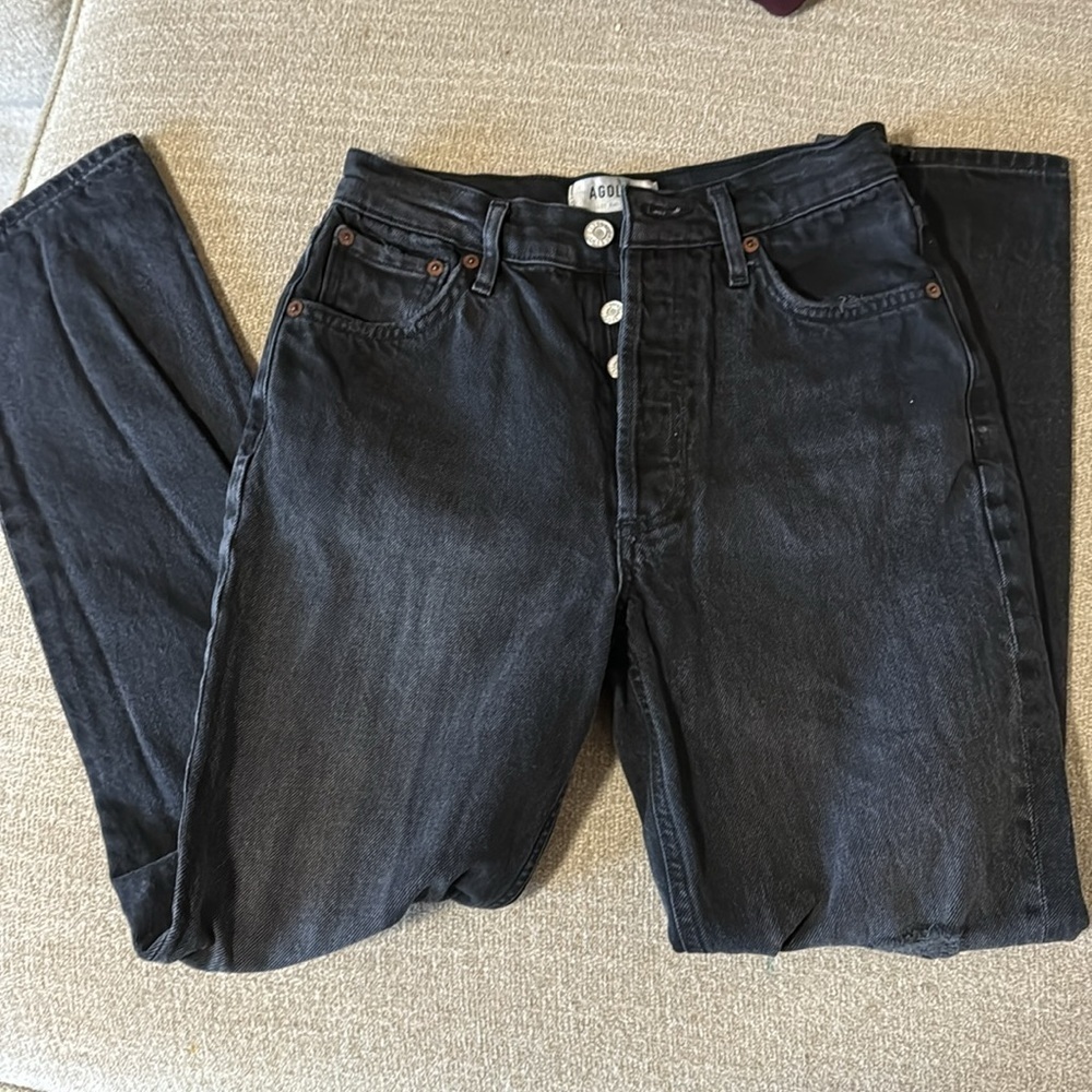 Agolde Black Nico Distressed High Rise Straight Slim Fit Jeans Size 24 - Picture 6 of 8